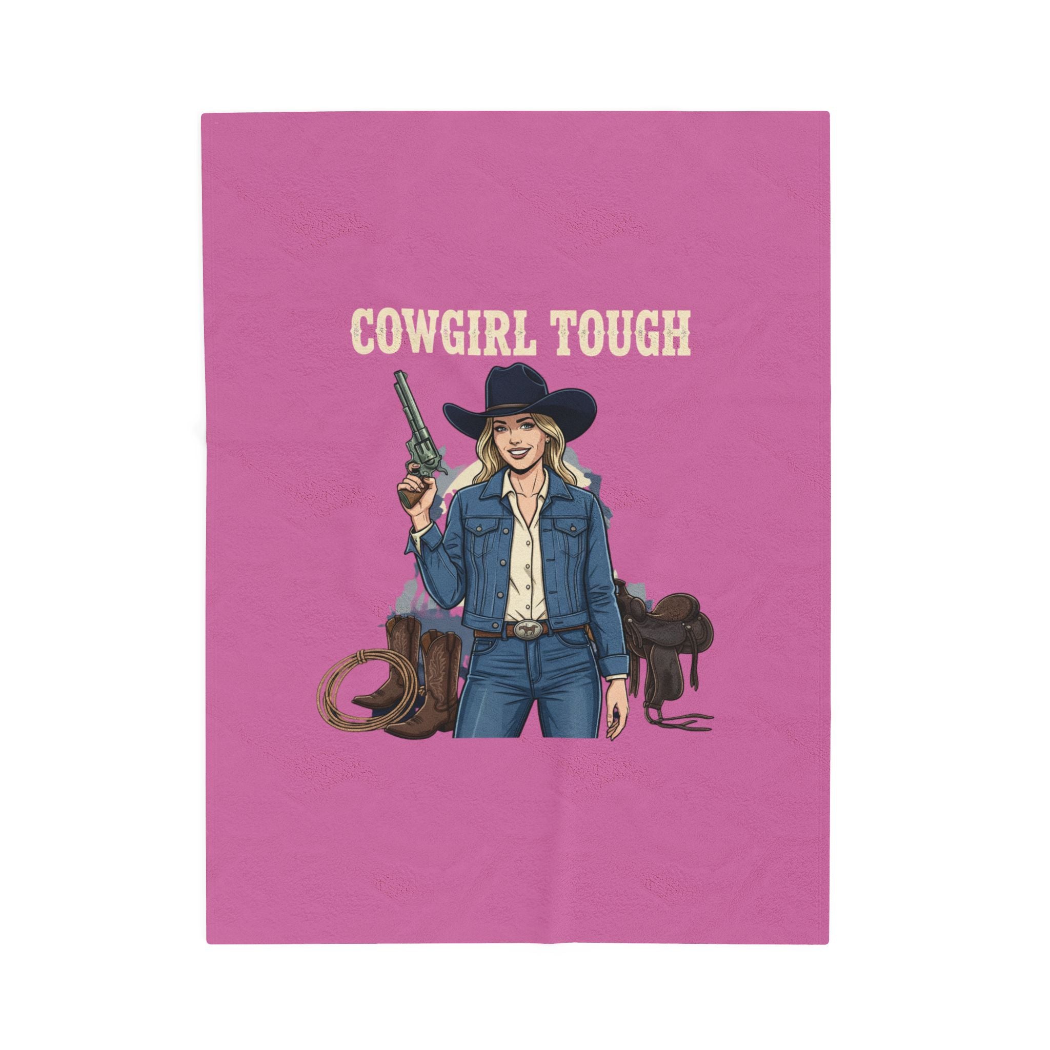 Cowgirl Tough Velveteen Plush Blanket — Western Cowgirl Throw with ‘Cowgirl Tough’ Design