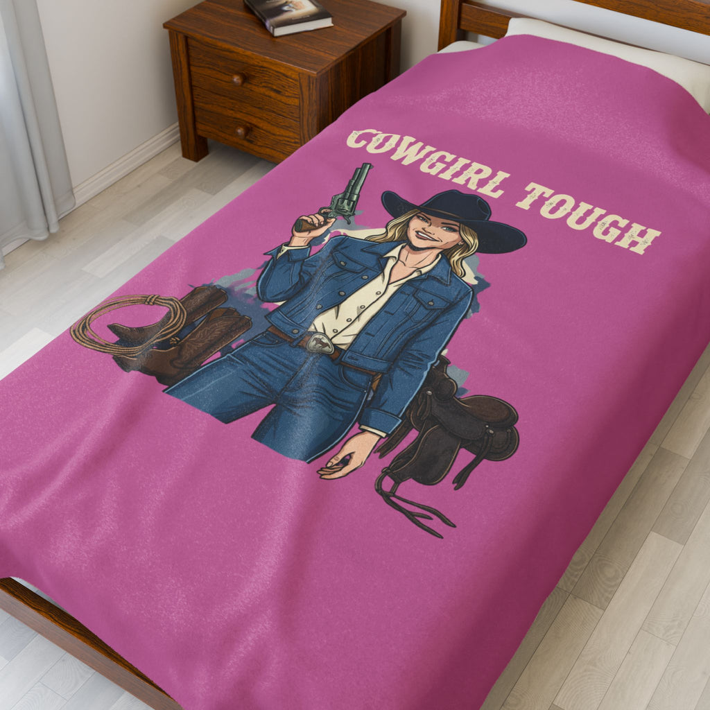 Cowgirl Tough Velveteen Plush Blanket — Western Cowgirl Throw with ‘Cowgirl Tough’ Design