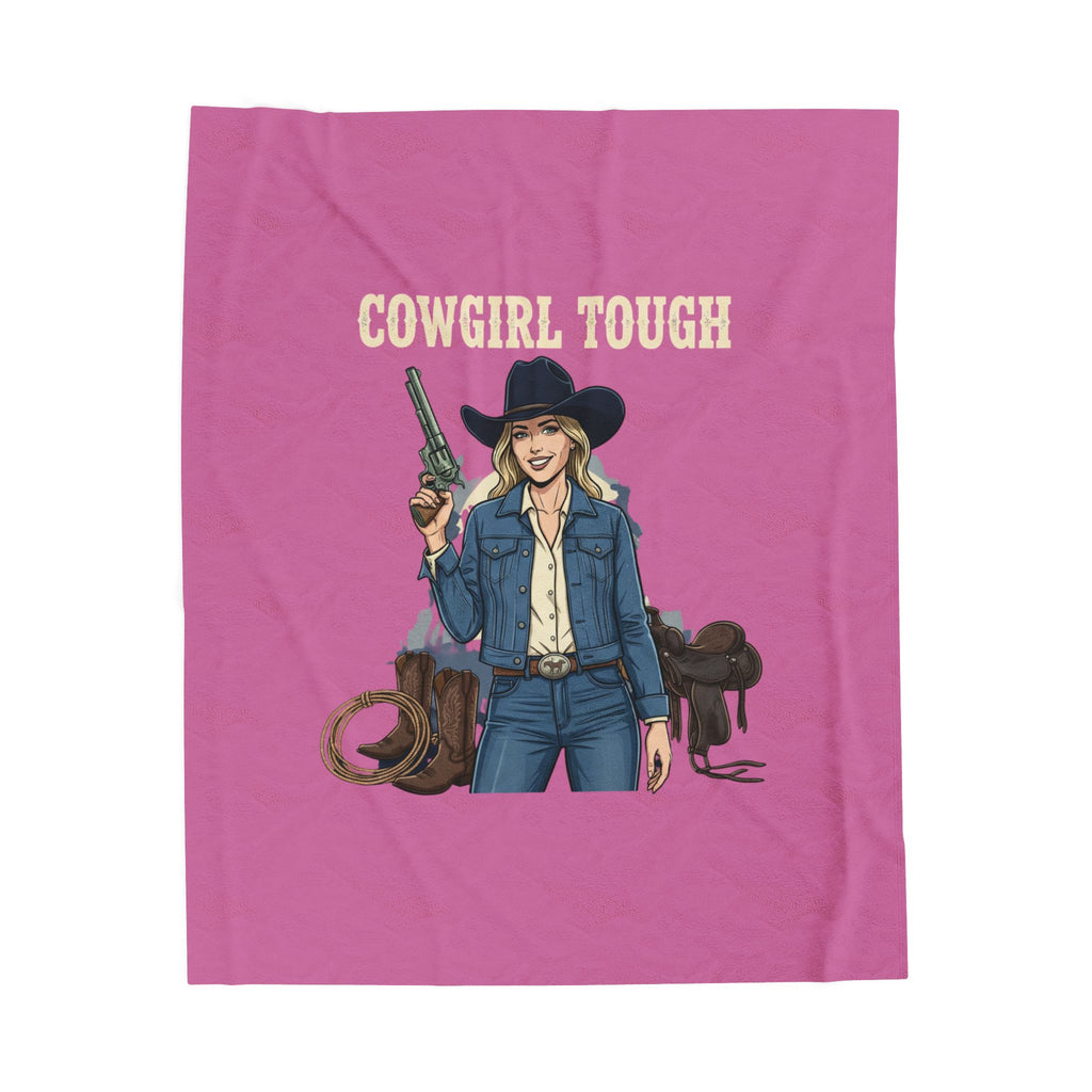 Cowgirl Tough Velveteen Plush Blanket — Western Cowgirl Throw with ‘Cowgirl Tough’ Design