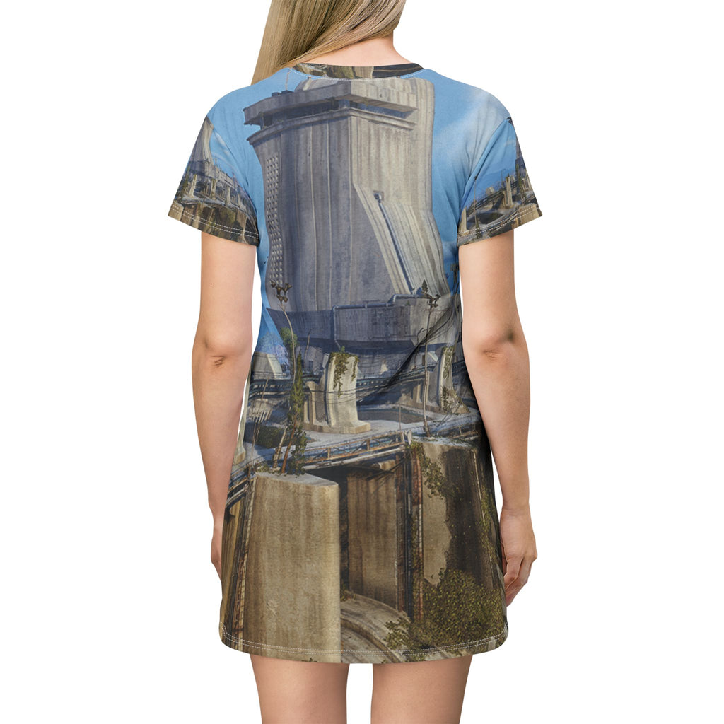 Ancient Ruins All-Over Print T‑Shirt Dress — Scenic Architectural Landscape
