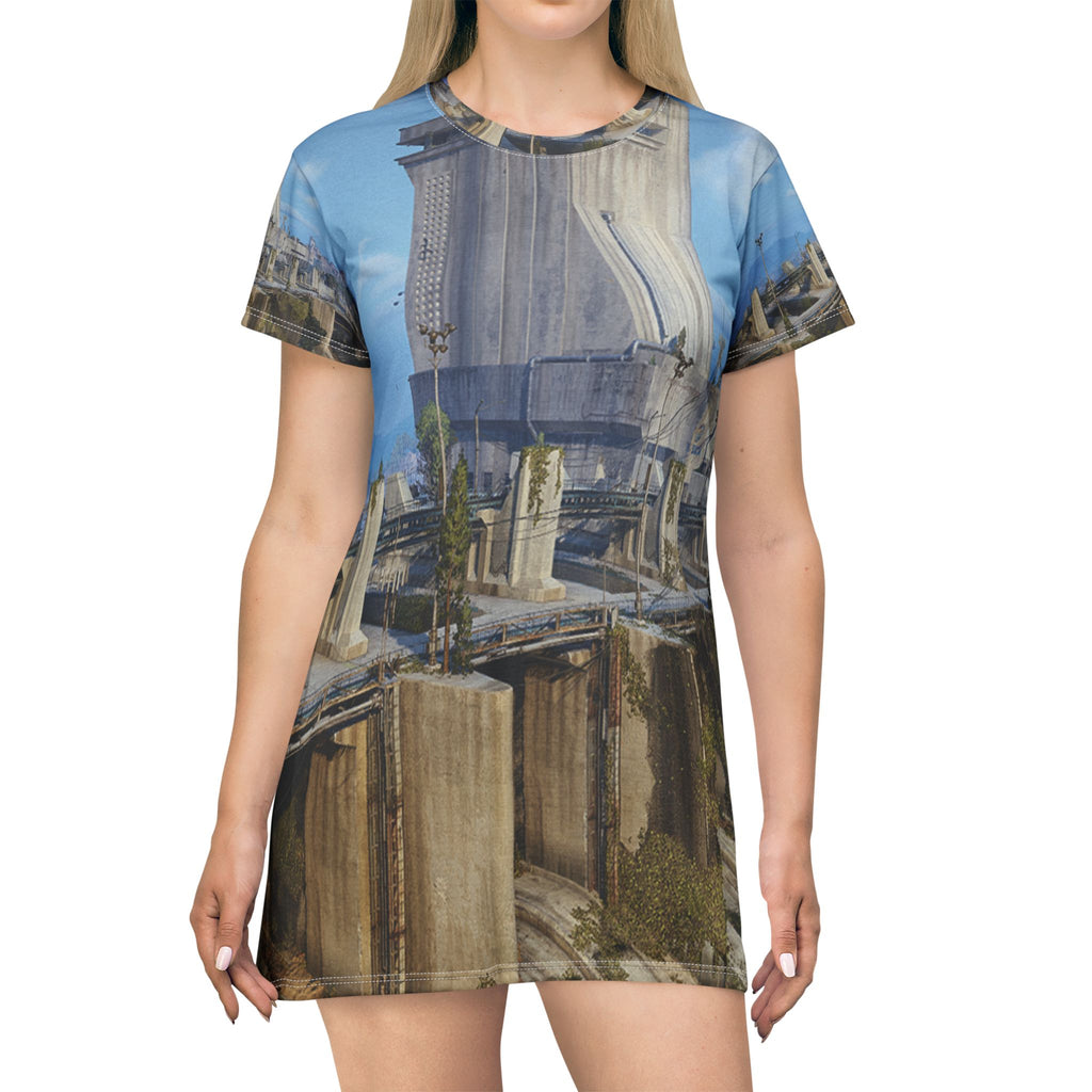 Ancient Ruins All-Over Print T‑Shirt Dress — Scenic Architectural Landscape