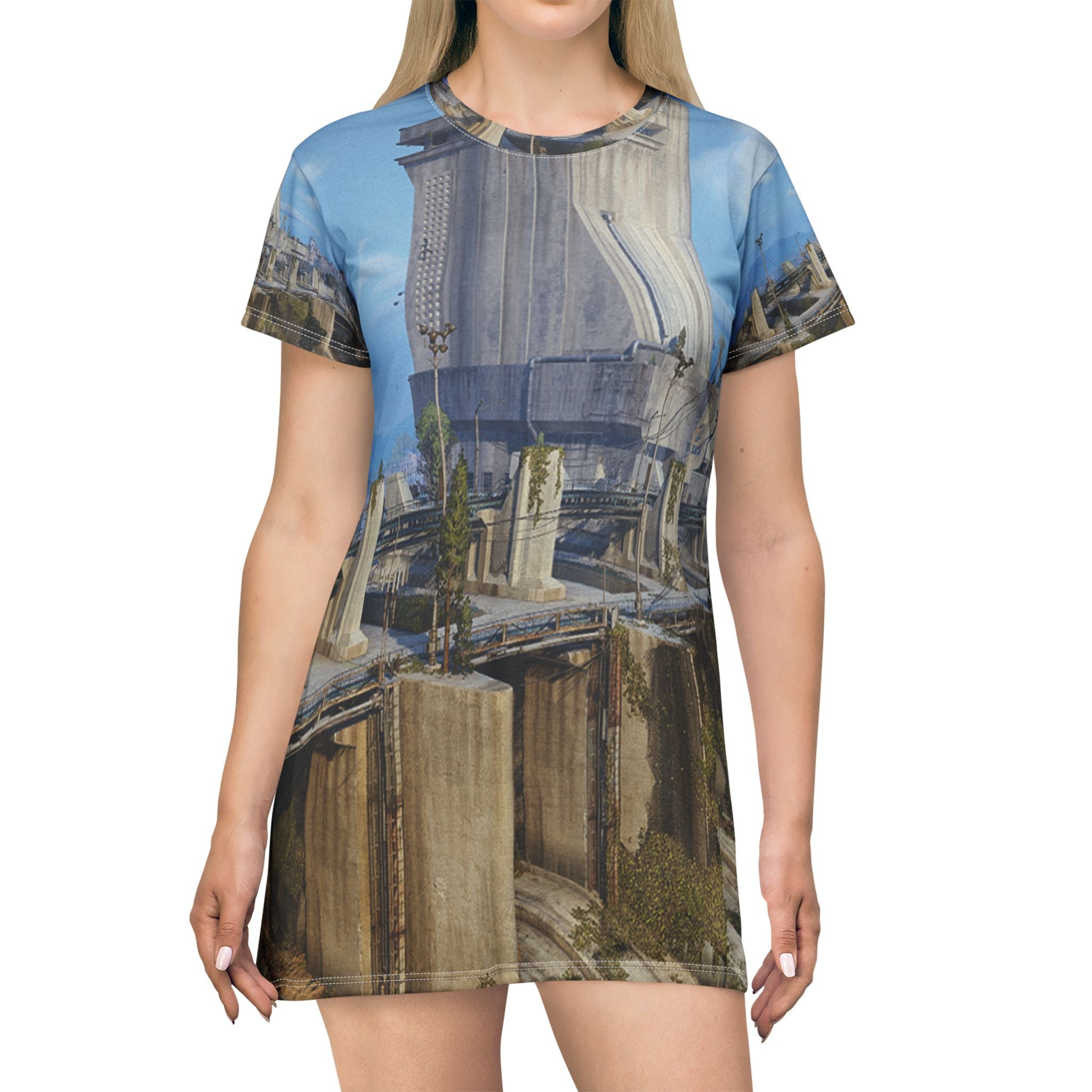 Ancient Ruins All-Over Print T‑Shirt Dress — Scenic Architectural Landscape