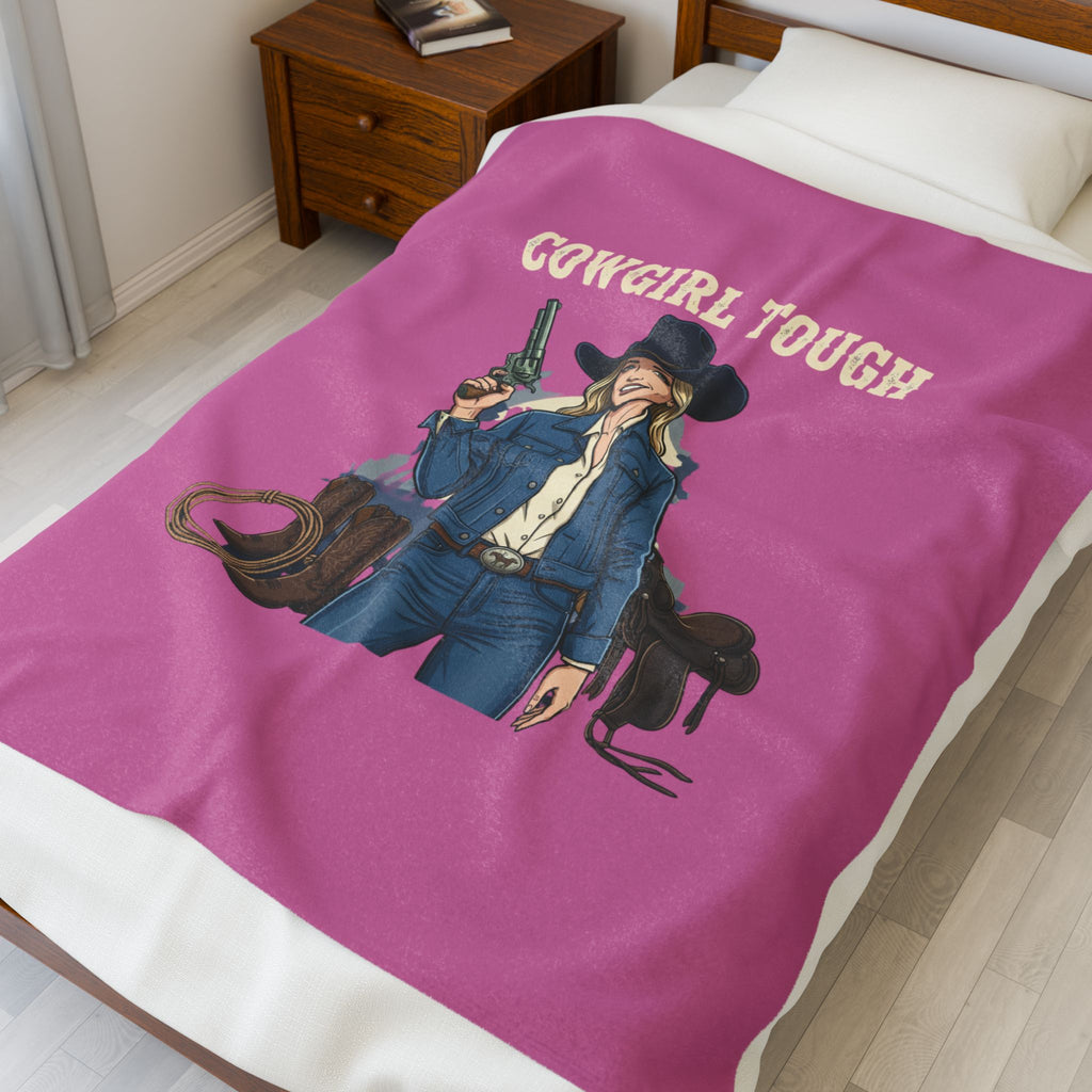 Cowgirl Tough Velveteen Plush Blanket — Western Cowgirl Throw with ‘Cowgirl Tough’ Design